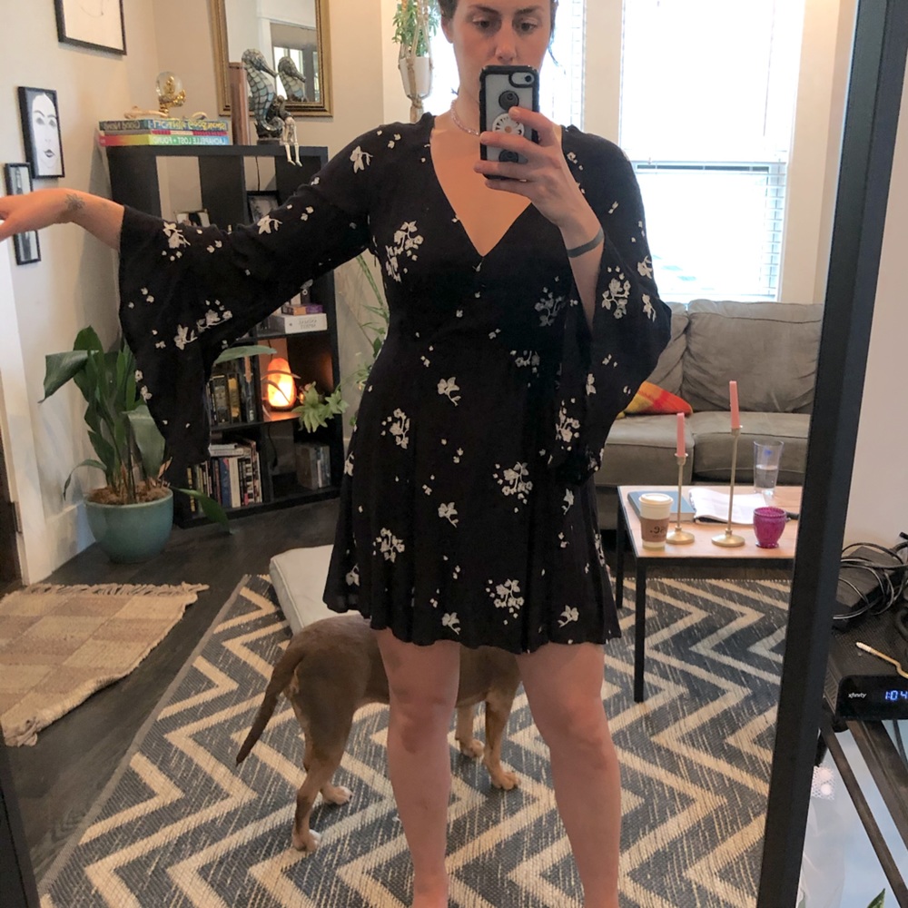 Free People Black Mini Dress with White Floral Print and Bell Sleeves